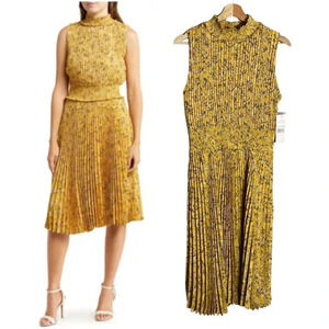 NWT Nanette Lepore High Neck Pleated Floral Midi Dress Women's 8 Yellow Cocktail